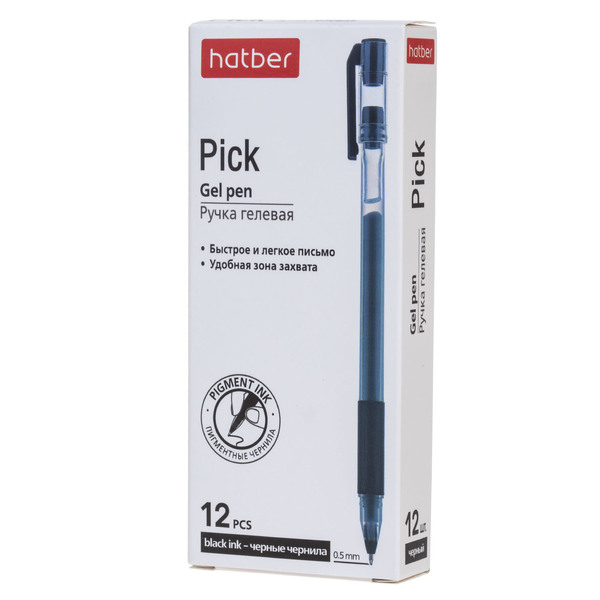 Ручка гелевая 0,5 мм Hatber Pick Черная с резиновым грипом  12шт. в картонной коробке